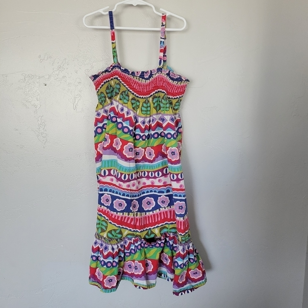 Hanna Andersson 150 Girls Multicolor Floral Striped Dress Spaghetti Strap Ruffle